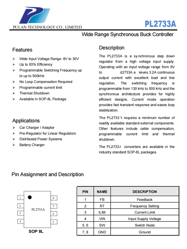 PL2733A 寬范圍同步降壓控制器