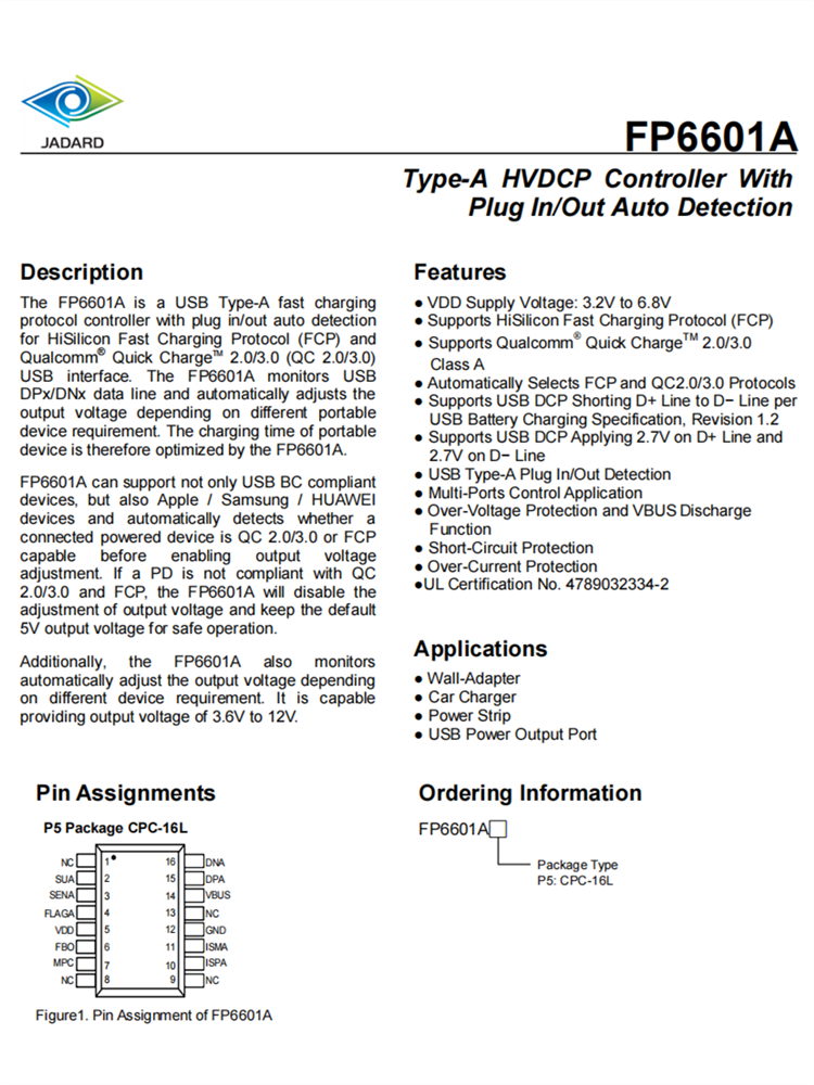 天德鈺-FP6601A USB Type-A協(xié)議控制器 CPC-16L