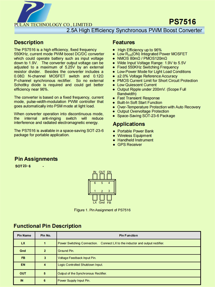 PS7516 升壓轉(zhuǎn)換器：高效穩(wěn)定，適用于移動(dòng)電源與無線設(shè)備