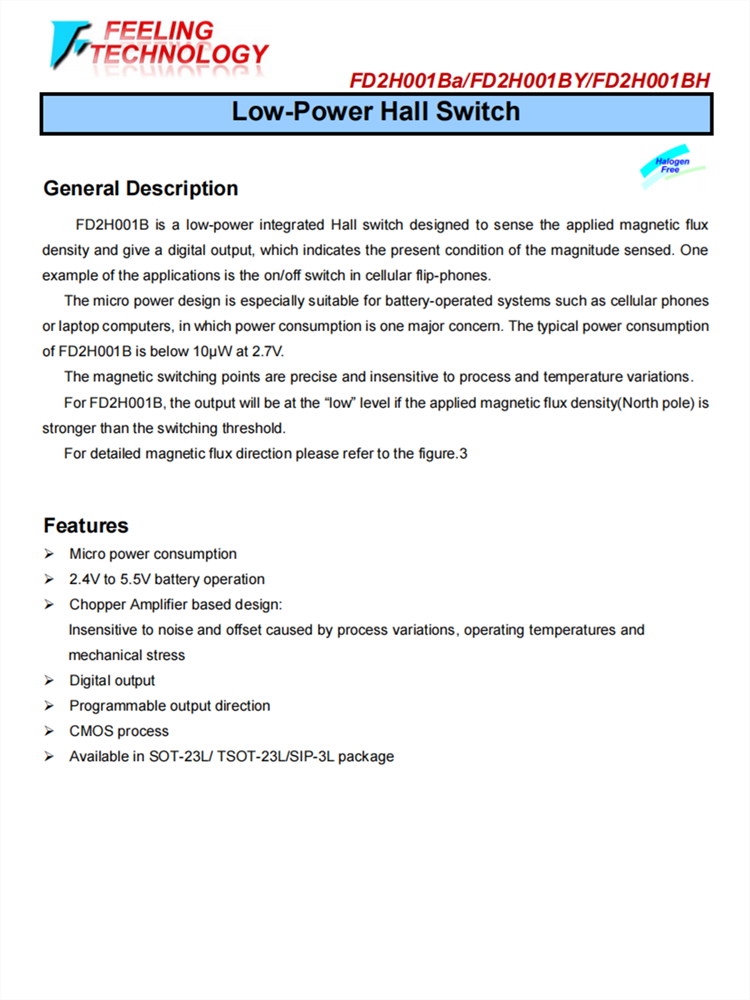 FD2H001BA/BY/BH 低功率霍爾開關(guān)芯片