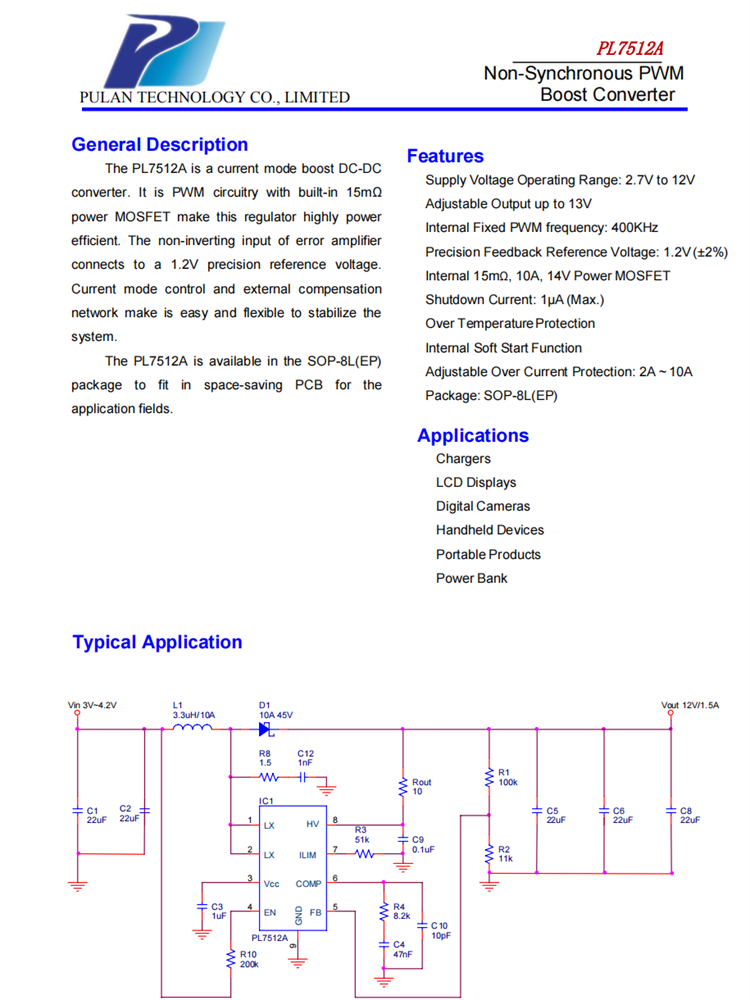 PL7512A 非同步的PWM提升轉(zhuǎn)換器
