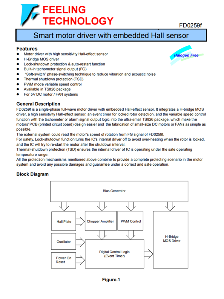 FD0259F 帶有嵌入式霍爾傳感器的智能電機(jī)驅(qū)動(dòng)器芯片