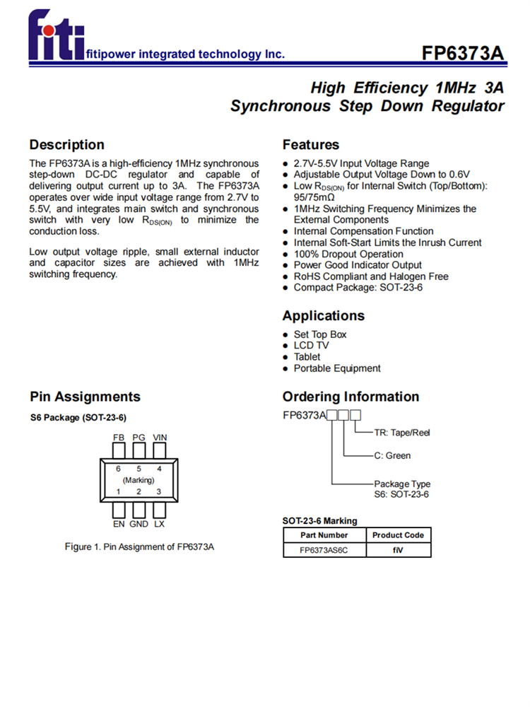 FP6373A 高效1MHz 3A同步降壓調(diào)節(jié)器