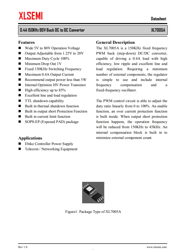 XL7005A  0.4A 150KHz 80V 降壓DC-DC轉(zhuǎn)換器