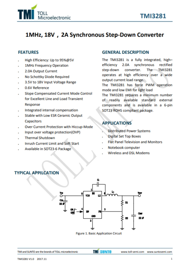 TMI3281  1MHz、18V、2A同步降壓型轉(zhuǎn)換器