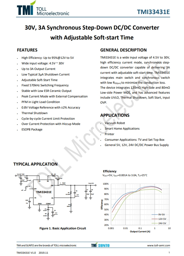 TMI33431E  30V、3A同步降壓型DC/DC轉(zhuǎn)換器 具有可調(diào)的軟啟動時間