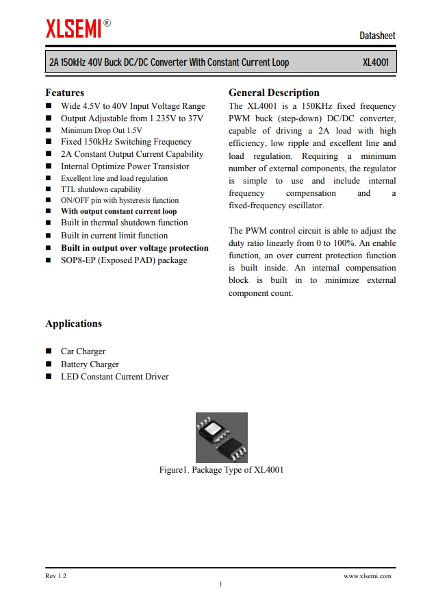 XL4001E1  2A 150kHz 40V 降壓DC/DC轉(zhuǎn)換器，帶恒流環(huán)路