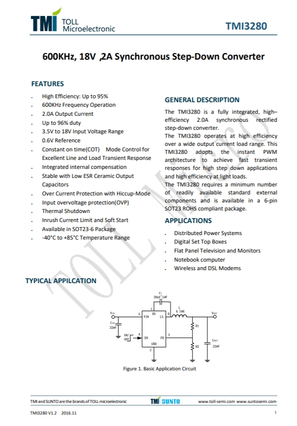 TMI3280  600KHz、18V、2A同步降壓型轉(zhuǎn)換器