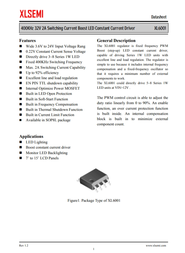 XL6001E1  400KHz 32V 2A 開(kāi)關(guān)電流升壓 LED 恒流驅(qū)動(dòng)器