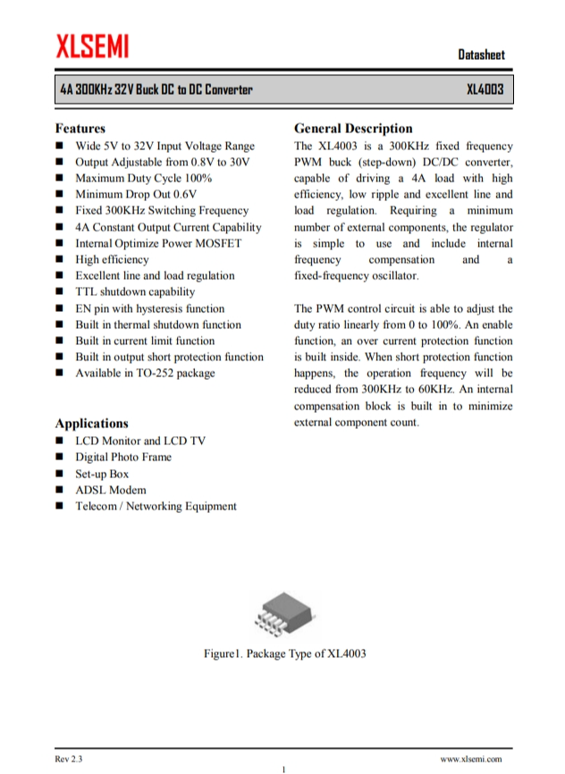 XL4003E1  4A 300KHz 32V 降壓DC-DC轉換器