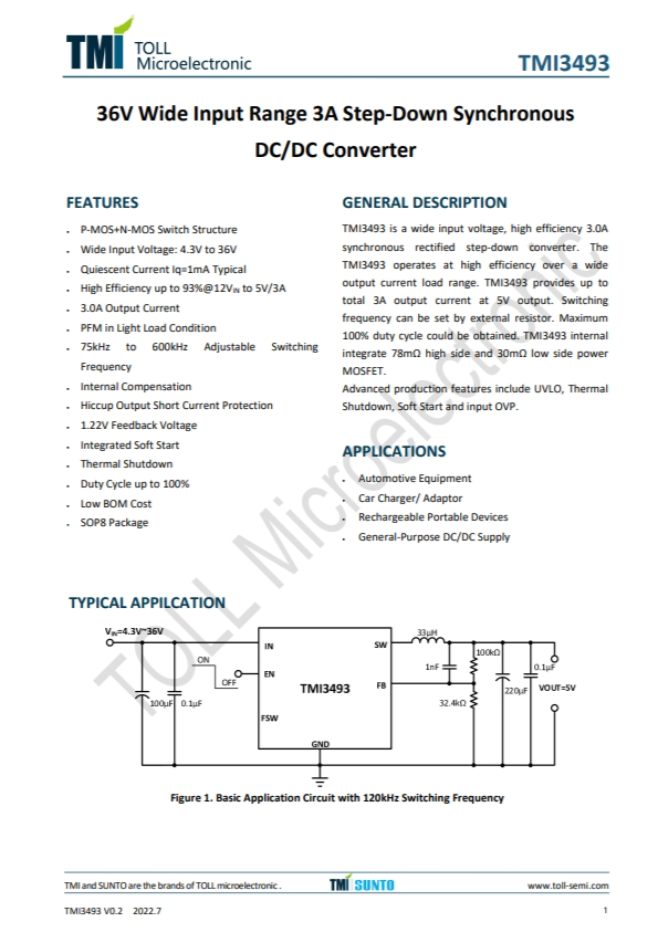TMI3493  36V 寬輸入范圍 3A 降壓同步 DC/DC轉(zhuǎn)換器