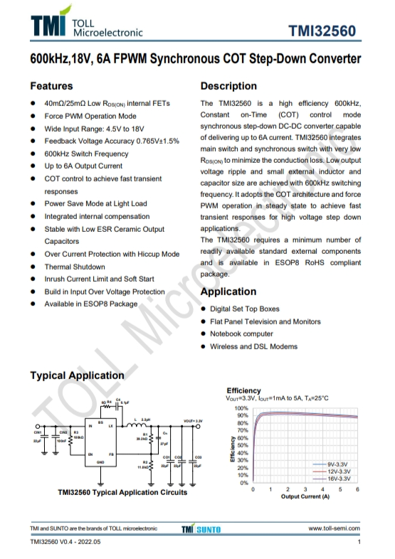 TMI32560  600kHz、18V、6A FPWM同步COT降壓型轉(zhuǎn)換器