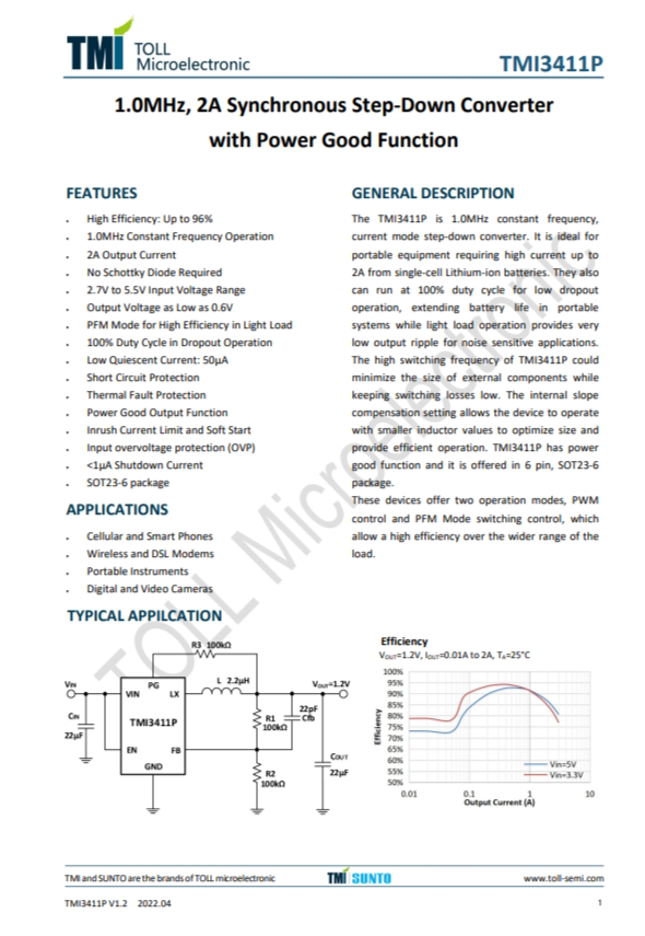 TMI3411P  1.0MHz、2A同步降壓型轉(zhuǎn)換器 具有電源良好功能