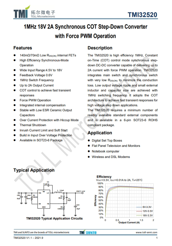 TMI32520  1MHz 18V 2A同步COT降壓型轉(zhuǎn)換器 強(qiáng)制PWM操作