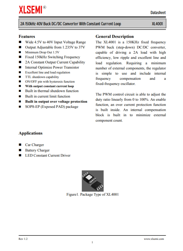 XL4001E1  2A 150kHz 40V 降壓DC/DC轉(zhuǎn)換器，帶恒流環(huán)路