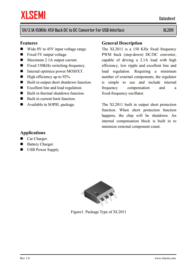 XL2011E1  5V / 2.1A 150KHz 45V降壓DC至DC轉(zhuǎn)換器，用于USB接口