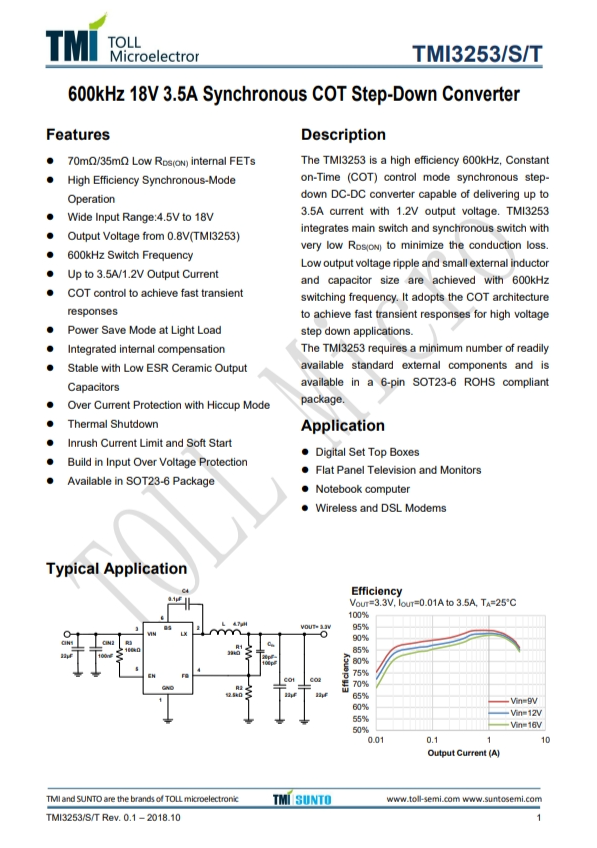TMI3253  600kHz 18V 3.5A同步COT降壓型轉(zhuǎn)換器