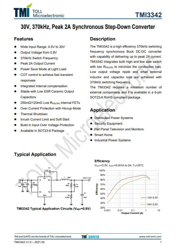 TMI3342  30V、370kHz、峰值2A同步降壓型轉(zhuǎn)換器