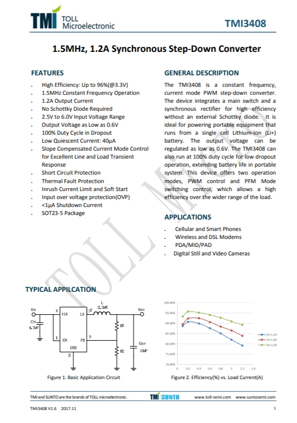 TMI3408  1.5MHz、1.2A同步降壓型轉(zhuǎn)換器