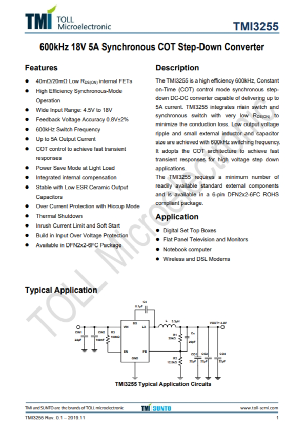 TMI3255  600kHz 18V 5A同步COT降壓型轉(zhuǎn)換器