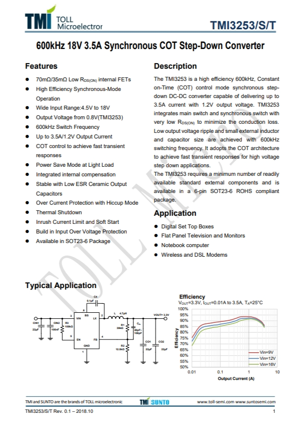TMI3253S  600kHz 18V 3.5A同步COT降壓型轉(zhuǎn)換器