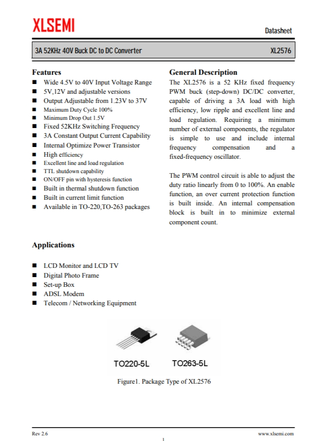 XL2576T-5.0E1   3A 52KHz 40V 降壓 DC-DC 轉(zhuǎn)換器