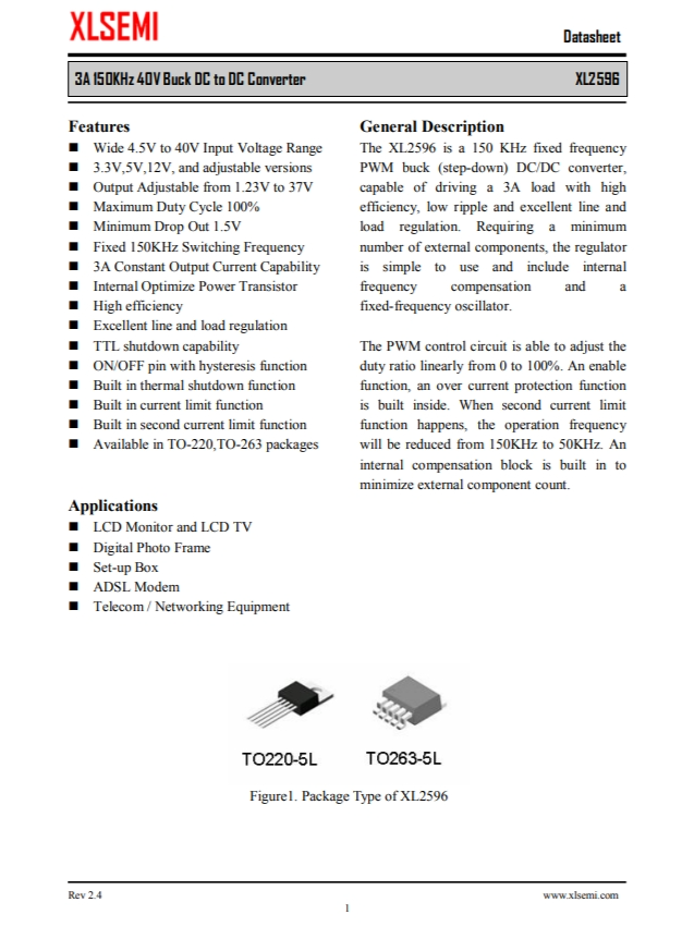 XL2596T-5.0E1  3A 150KHz 40V 降壓 DC-DC 轉(zhuǎn)換器