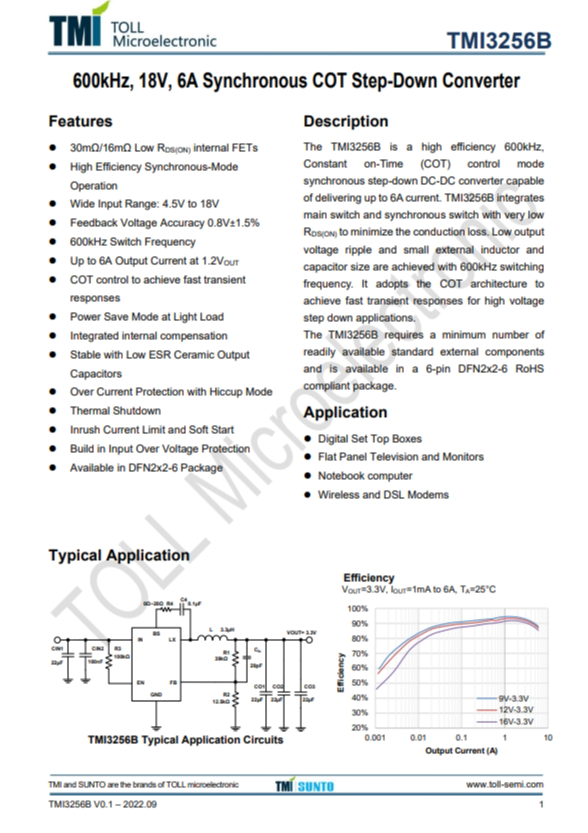 TMI3256B   600kHz、18V、6A同步COT降壓型轉(zhuǎn)換器