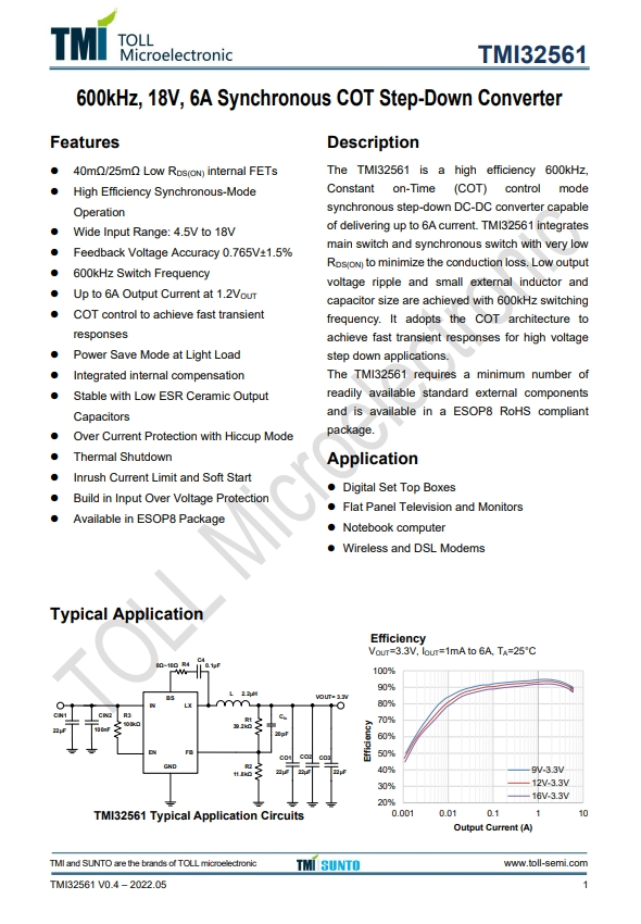TMI32561  600kHz、18V、6A同步COT降壓型轉(zhuǎn)換器