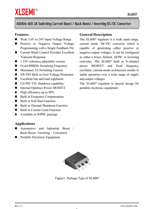 XL6007E1  400KHz 60V 2A開關(guān)電流升壓/降壓-升壓/反相DC/DC轉(zhuǎn)換器