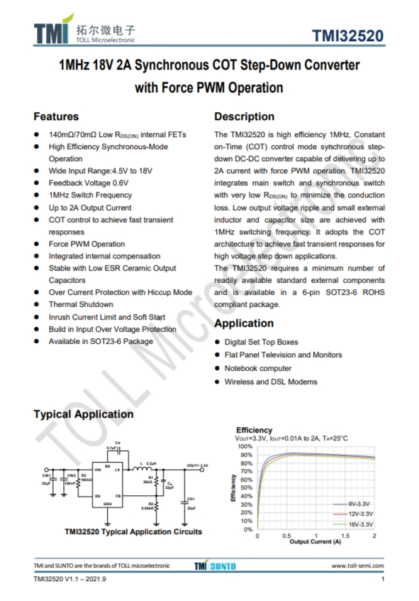 TMI32520  1MHz 18V 2A同步COT降壓型轉(zhuǎn)換器 強(qiáng)制PWM操作
