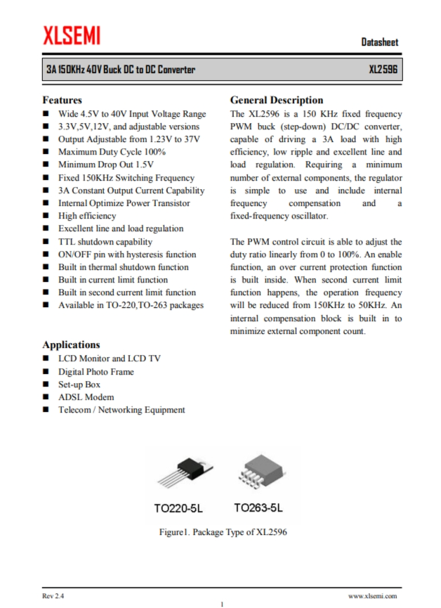XL2596T-12E1   3A 150KHz 40V 降壓 DC-DC 轉(zhuǎn)換器