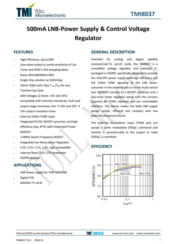 TMI8037  500mA LNB-電源與控制電壓 調(diào)節(jié)器
