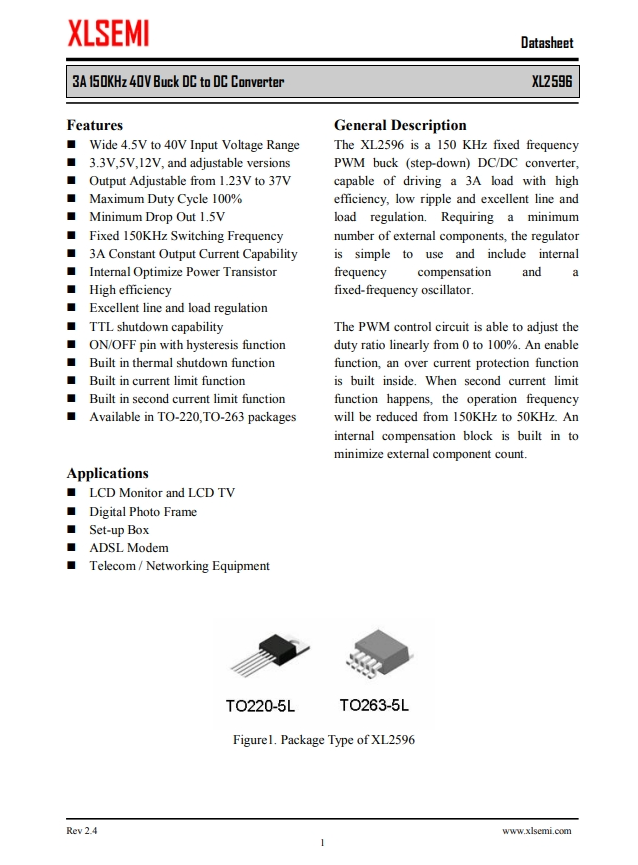 XL2596T-3.3E1  3A 150KHz 40V 降壓 DC-DC 轉換器