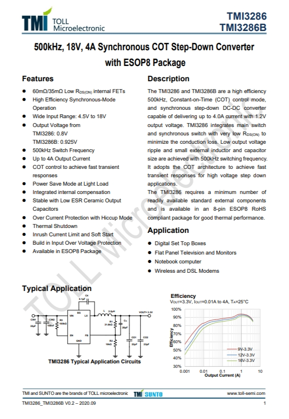 TMI3286B  500kHz、18V、4A同步COT降壓型轉(zhuǎn)換器 帶 ESOP8 軟件包