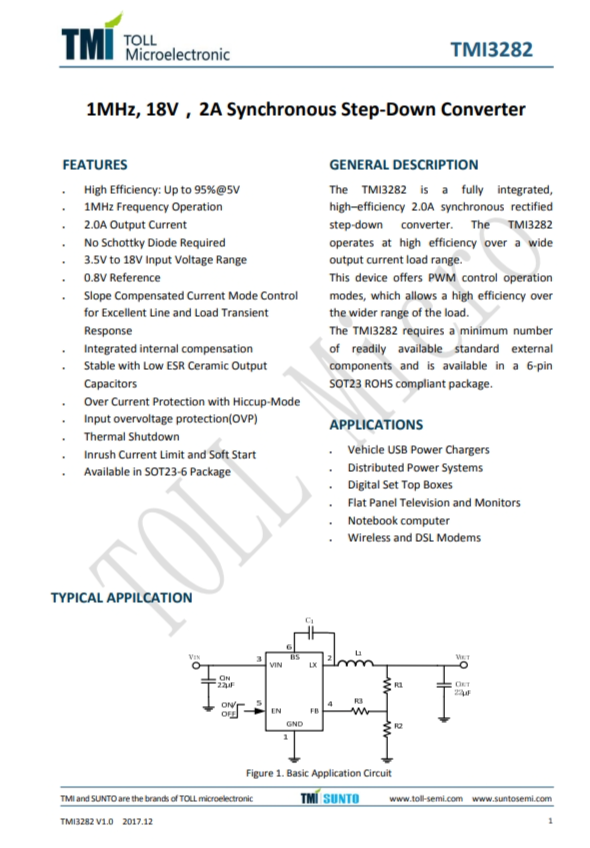 TMI3282  1MHz、18V、2A同步降壓型轉(zhuǎn)換器