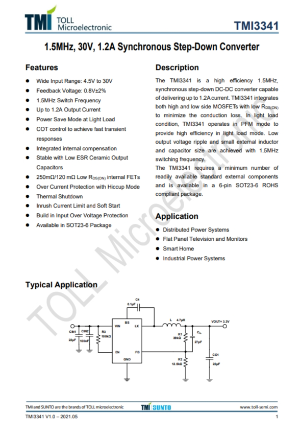 TMI3341  1.5MHz、30V、1.2A同步降壓型轉(zhuǎn)換器