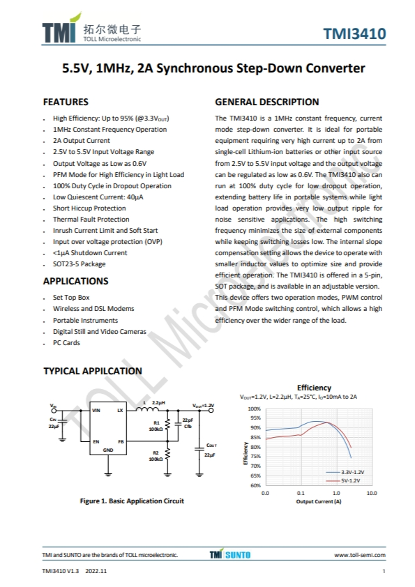 TMI3410  5.5V、1MHz、2A同步降壓型轉(zhuǎn)換器 
