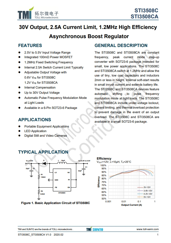 STI3508C  30V輸出，2.5A電流限制，1.2MHz高效率 異步升壓穩(wěn)壓器