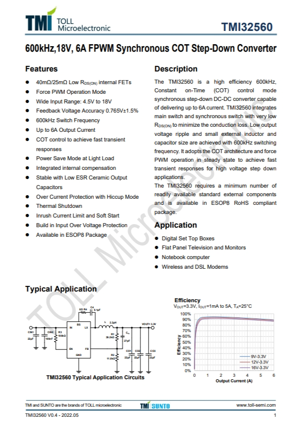 TMI32560   600kHz、18V、6A FPWM同步COT降壓型轉(zhuǎn)換器