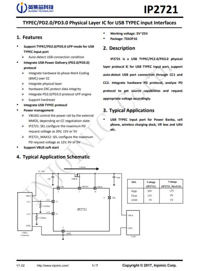 IP2721 用于USB TYPEC輸入接口的TYPEC/PD2.0/PD3.0物理層IC