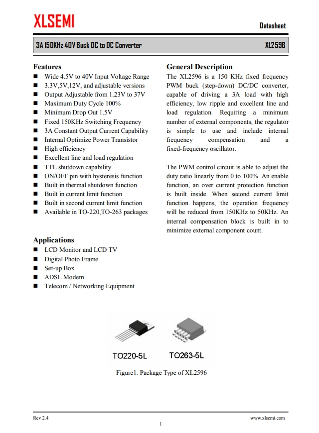 XL2596T-ADJE1  3A 150KHz 40V 降壓 DC-DC 轉(zhuǎn)換器