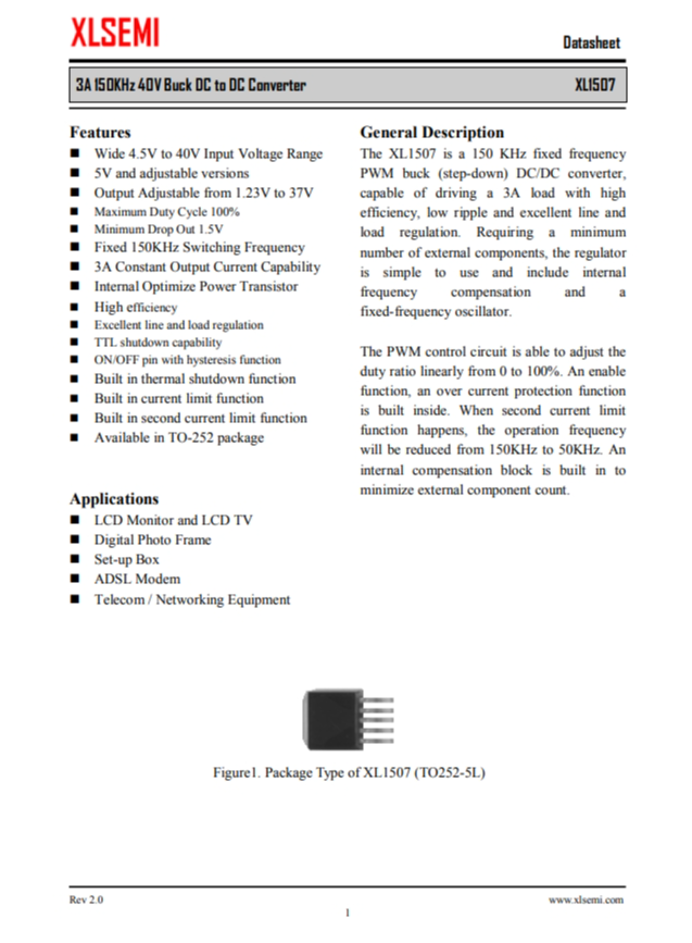 XL1507-5.0E1  3A 150KHz 40V 降壓 DC-DC 轉(zhuǎn)換器