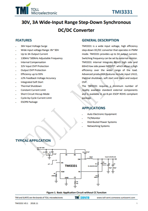 TMI3331  30V、3A寬輸入范圍降壓同步 DC/DC轉(zhuǎn)換器