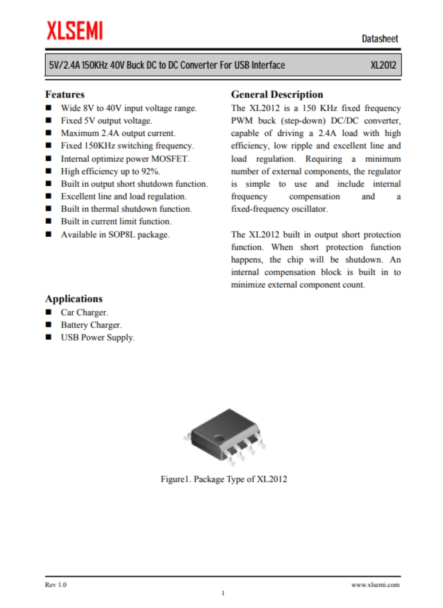 XL2012E1  5V / 2.4A 150KHz 40V降壓DC至DC轉(zhuǎn)換器，用于USB接口