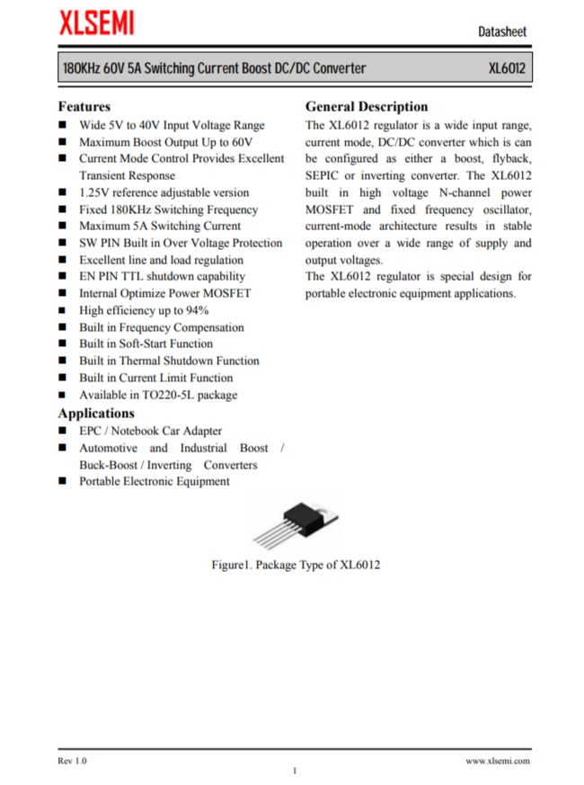 XL6012E1  180KHz 60V 5A開關(guān)電流升壓DC/DC轉(zhuǎn)換器