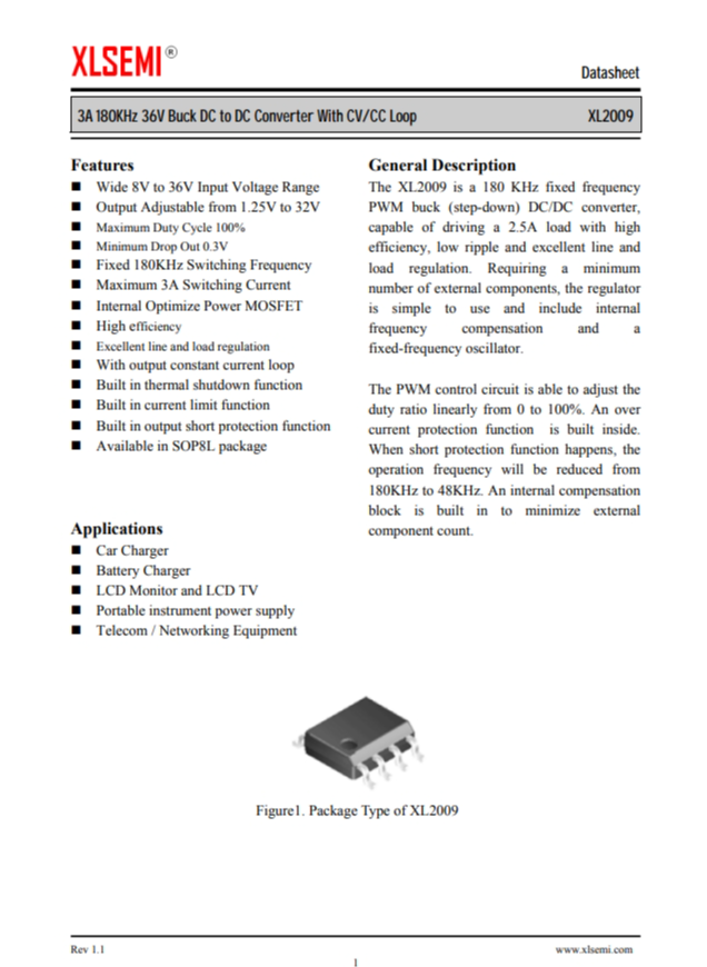 XL2009E1  3A 180KHz 36V 降壓 DC-DC 轉(zhuǎn)換器，帶 CV/CC 環(huán)路