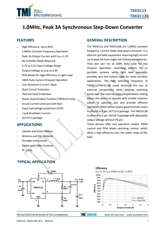 TMI3113B  1.0MHz、峰值3A同步降壓轉(zhuǎn)換器