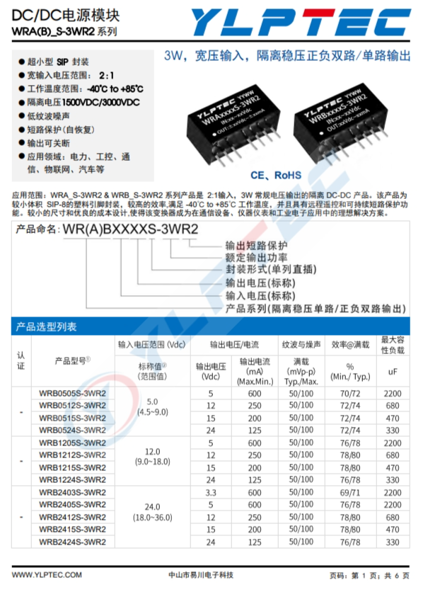 WRA2415S-3WR2  3W，寬壓輸入，隔離穩(wěn)壓正負(fù)雙路/單路輸出