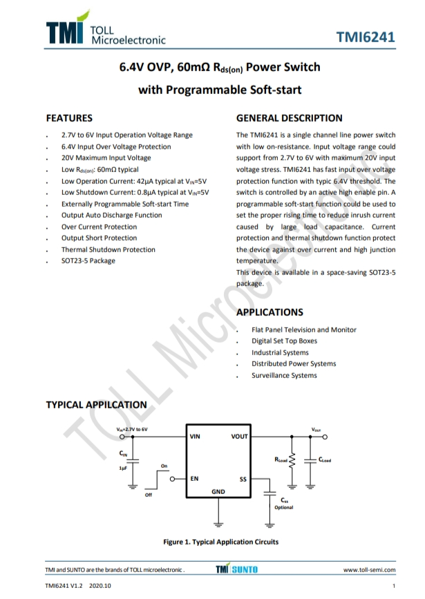 TMI6241  6.4V OVP、60mΩ Rds（on） 電源開關(guān) 具有可編程軟啟動功能